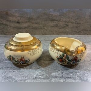 Sabin Gold 22k Vintage Porcelain Cream and Gold Sugar Bowl and Creamer Set
